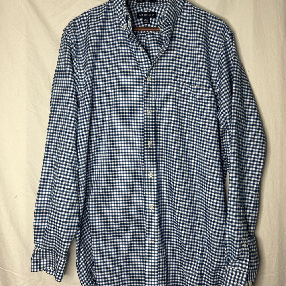 Men’s Lands' End 16-36 Royal Blue/Navy & White Checkered Gingham button up Shirt